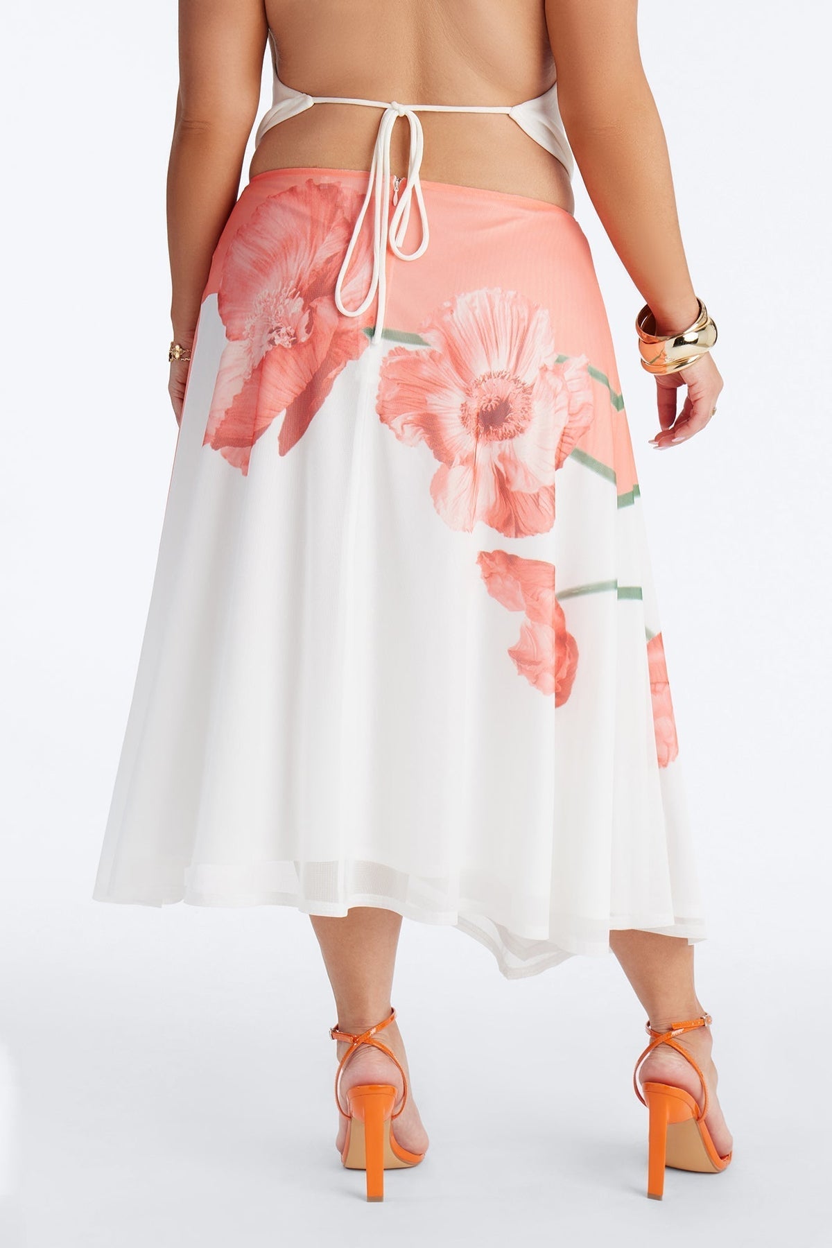 Aelia Floral Asymmetrical Mesh Midi Skirt - Orange/combo