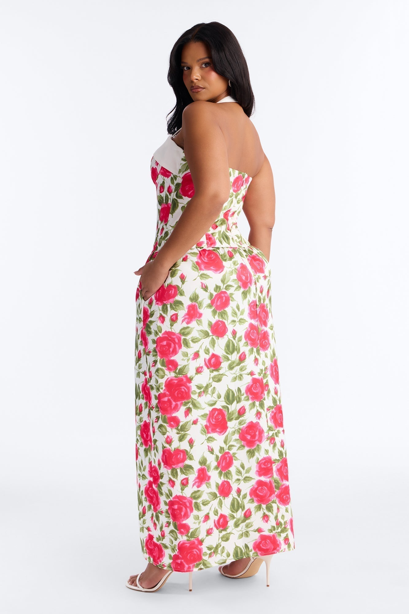 Sweetheart Floral Satin High Slit Maxi Dress - Pink/combo