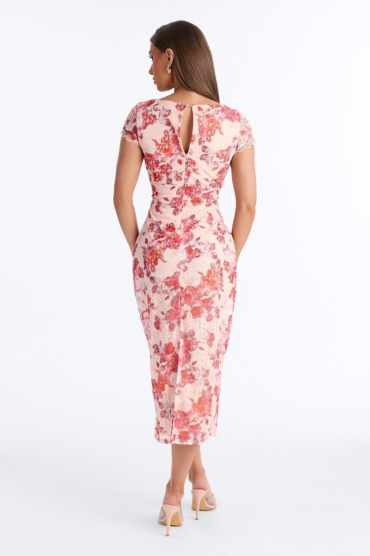Charlotte Floral Lace Midi Dress - Red/combo