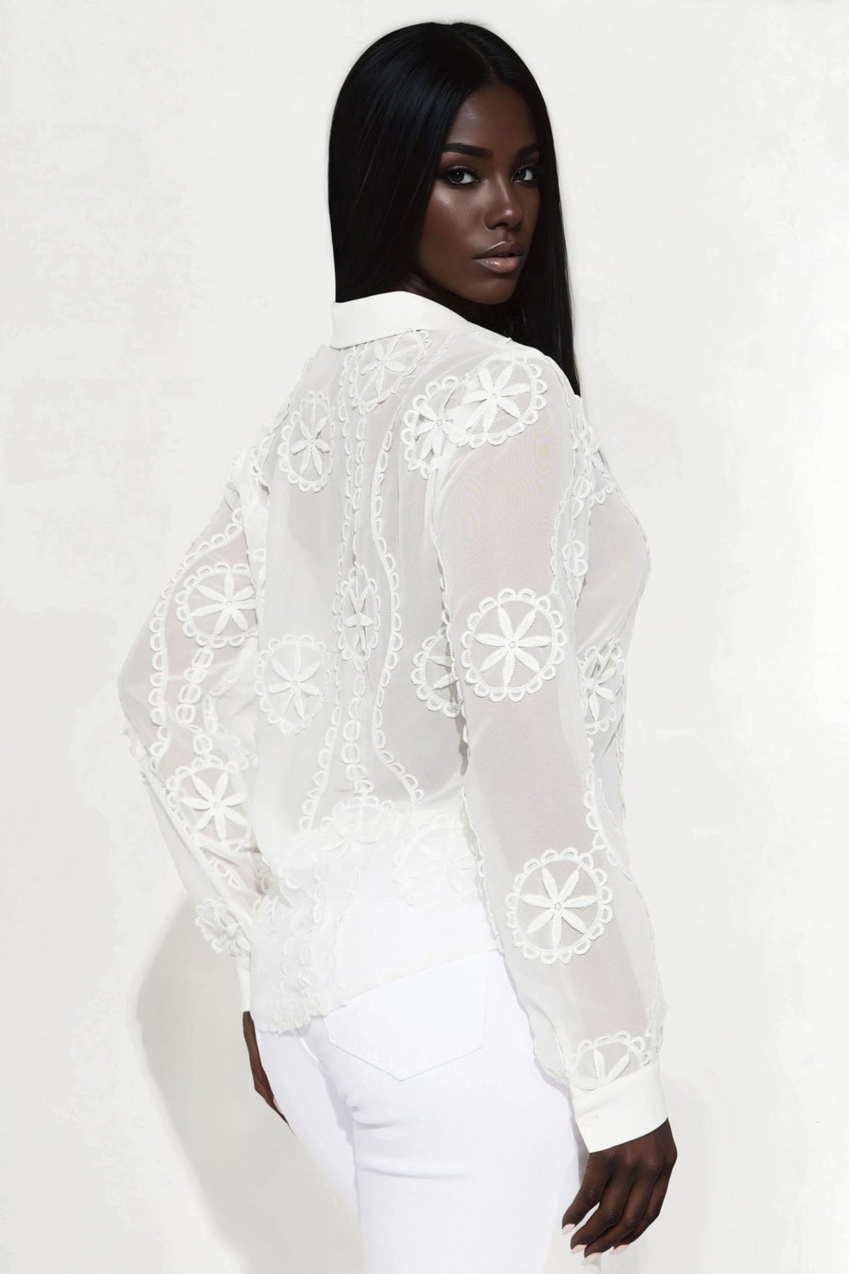 Brunch Lady Floral Embroidery Chiffon Shirt - White