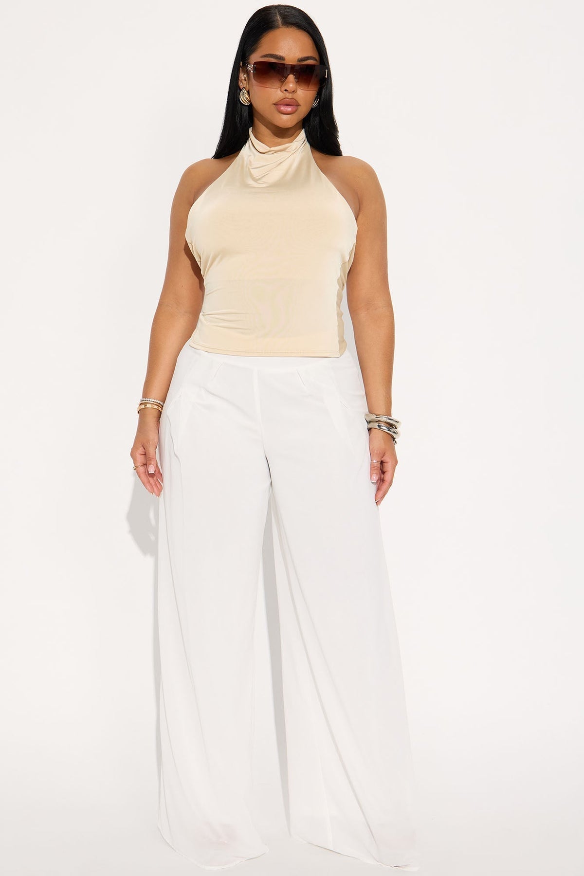 Crowd Pleaser Backless Cowl Neck Halter Top - Cream
