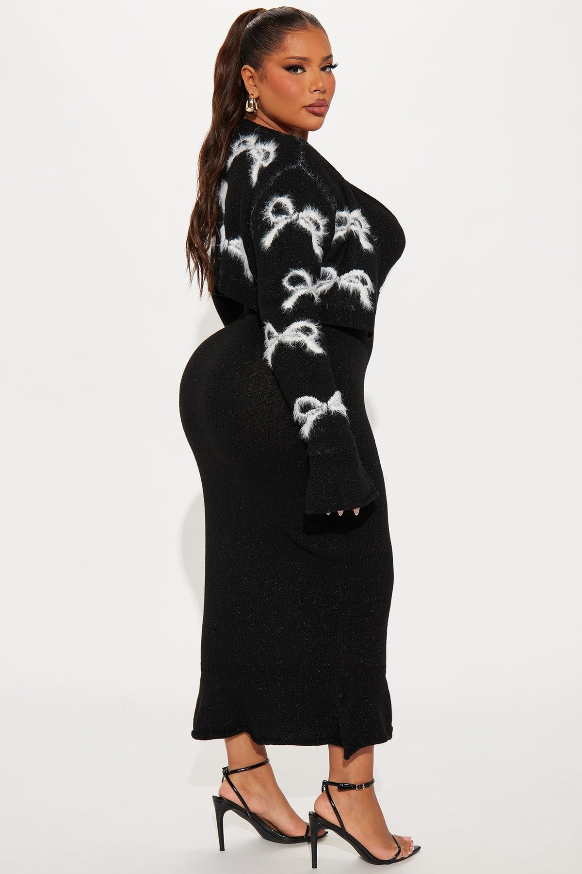 Pretty Bow Sweater Midi Dress and Cardigan Set - Black/White
