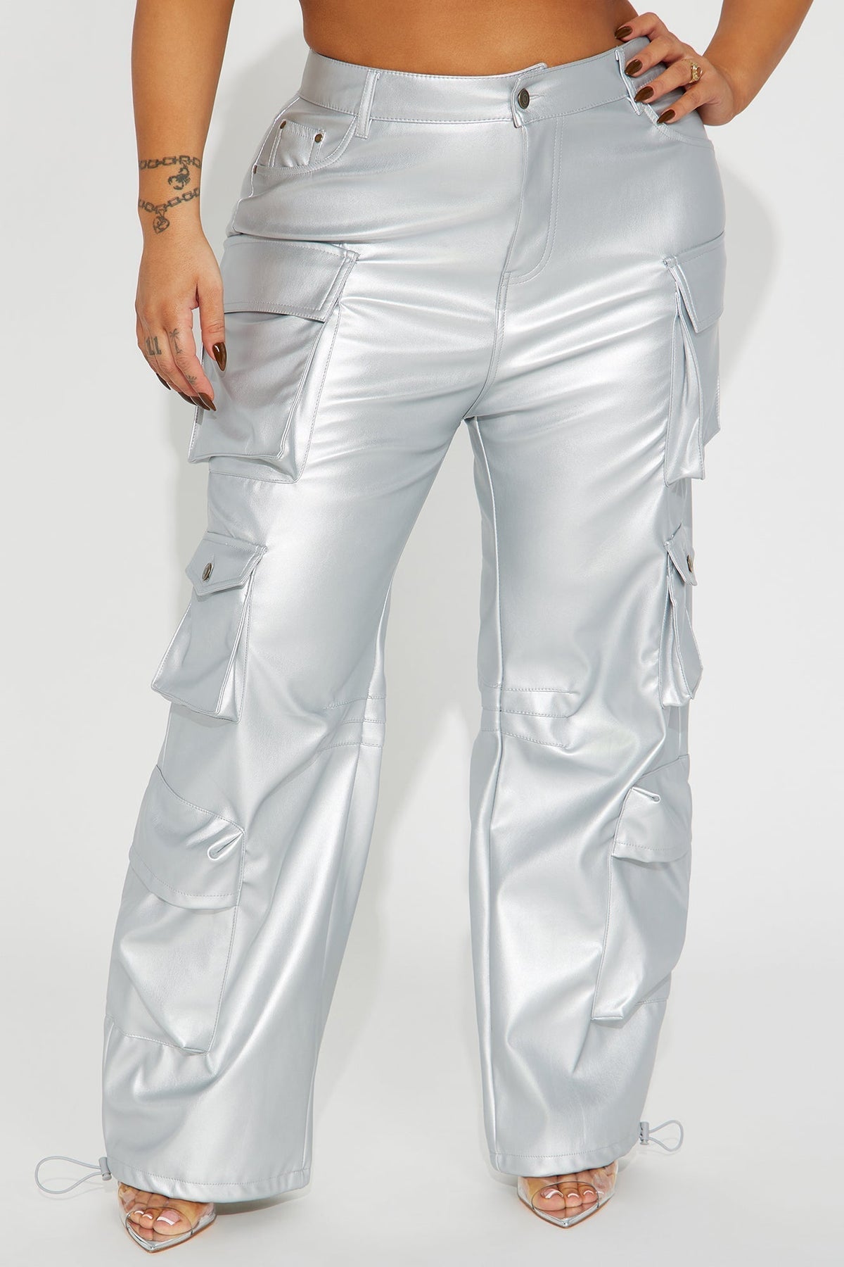 City Is Mine Faux Leather Cargo Pant - Silver