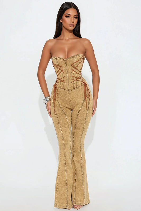 Meet Me In The Desert Denim Jumpsuit - Tan