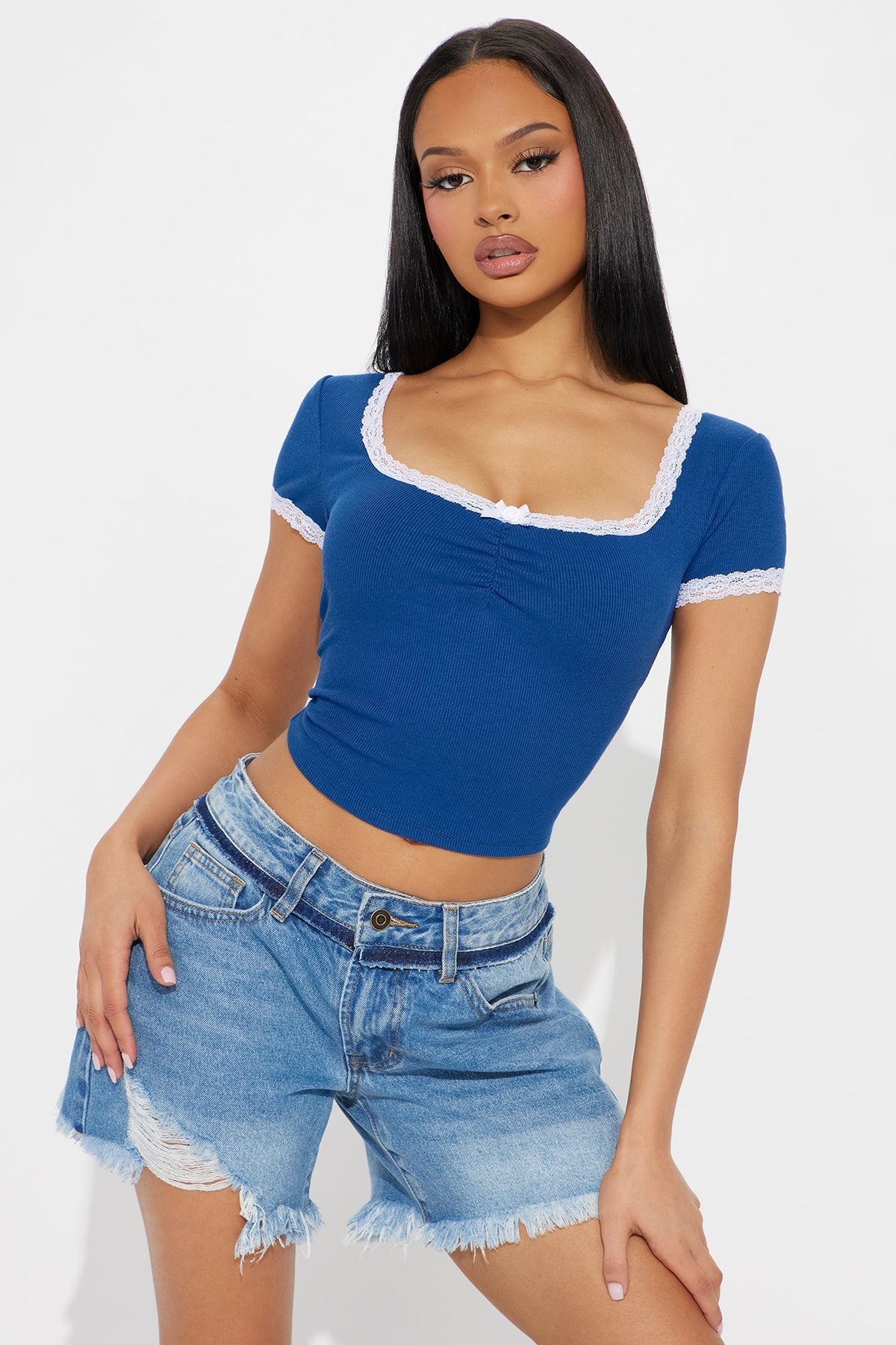 Rose Lace Trim Top - Navy/combo