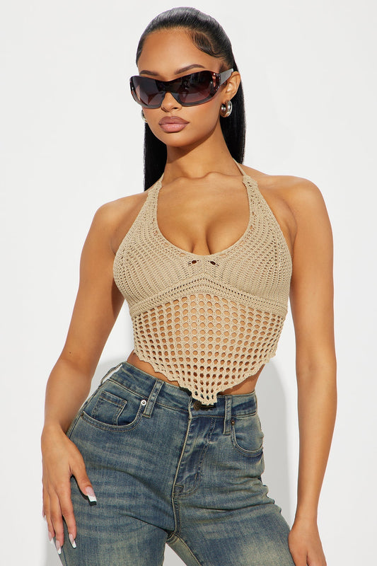 Beach Babe Crochet Halter Top - Tan