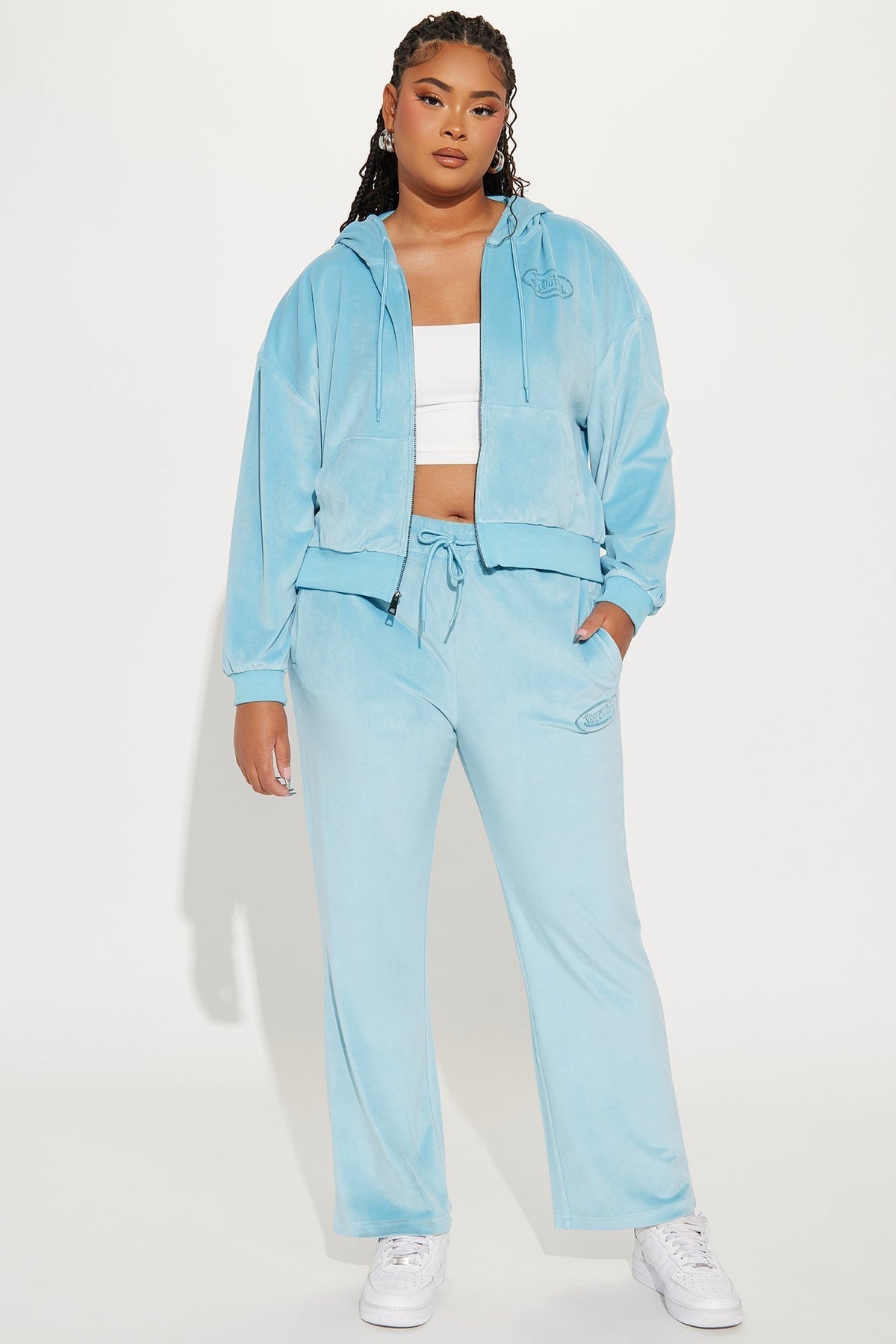 Von Dutch Velour Rhinestone Wide Leg Pant - Blue