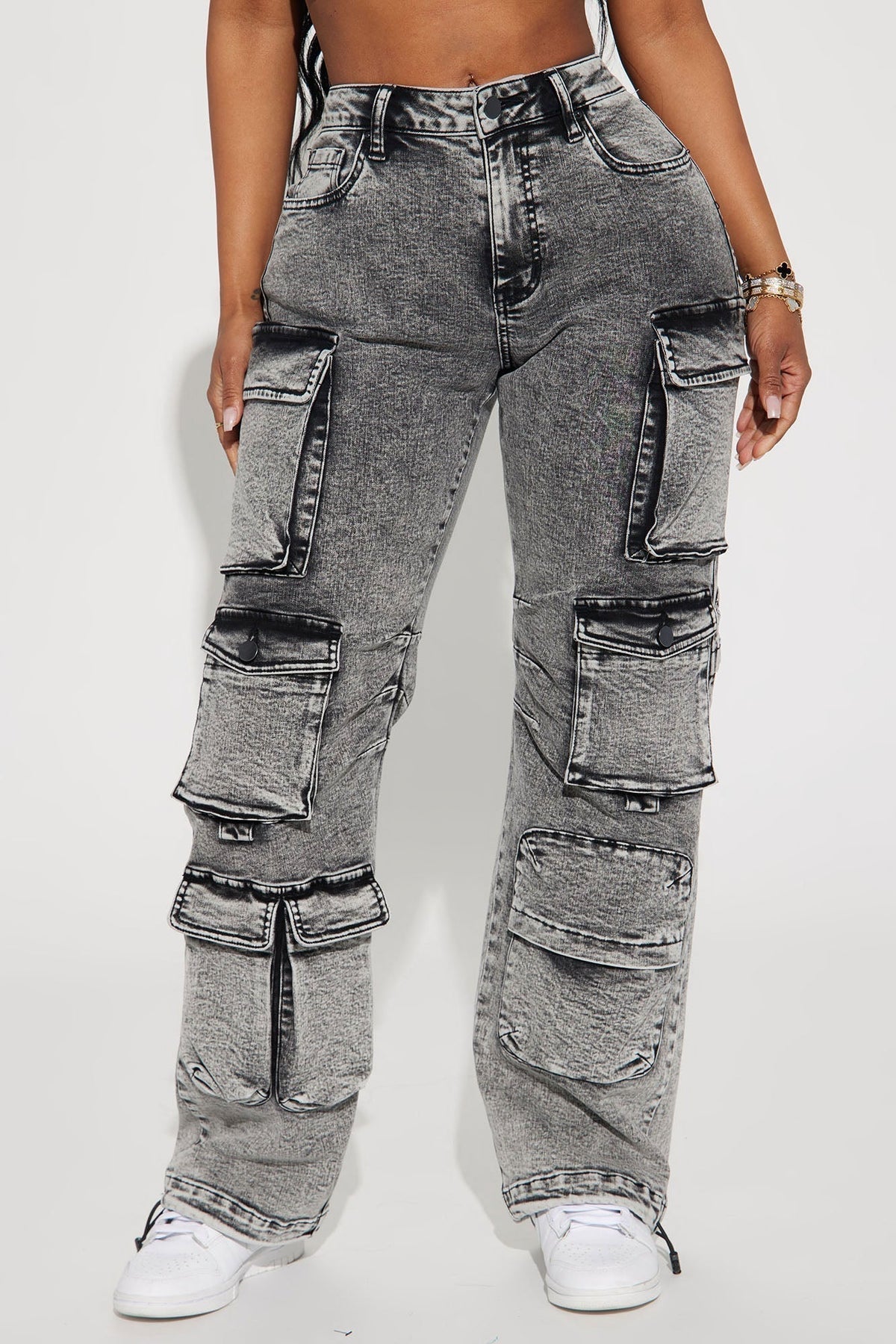 Fairfax High Rise Stretch Cargo Jeans - Acid Wash Grey