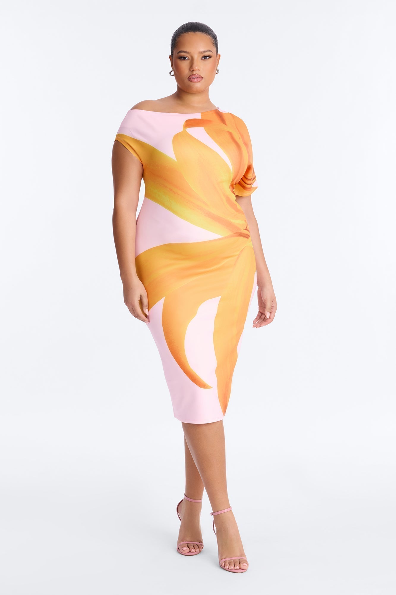 Gardenia One Shoulder Floral Midi Dress - Orange/combo