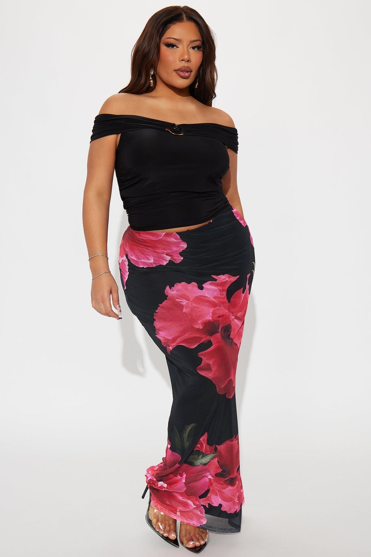 Dark Romance Floral Mesh Maxi Skirt - Black/Pink
