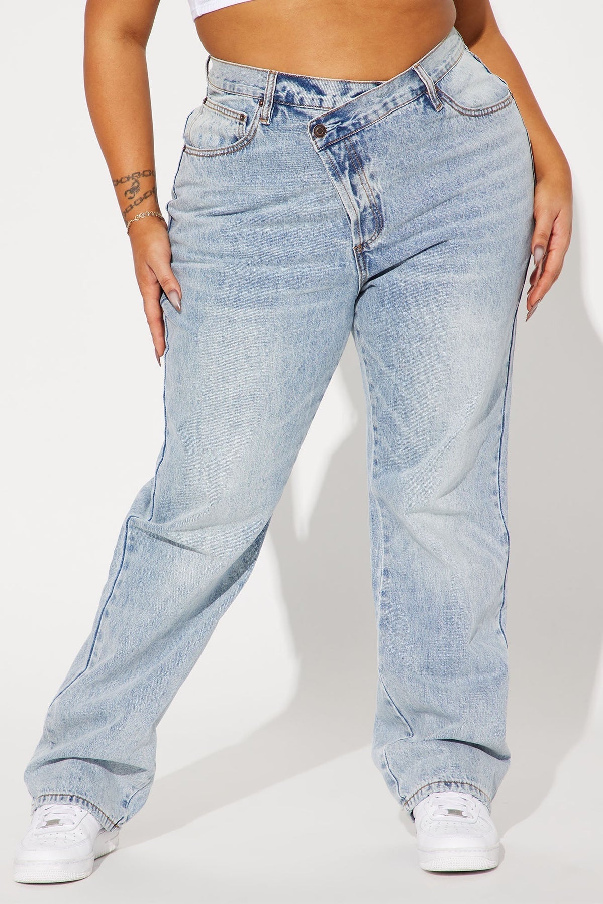 Step Waistband Crossover Jeans - Light Blue Wash