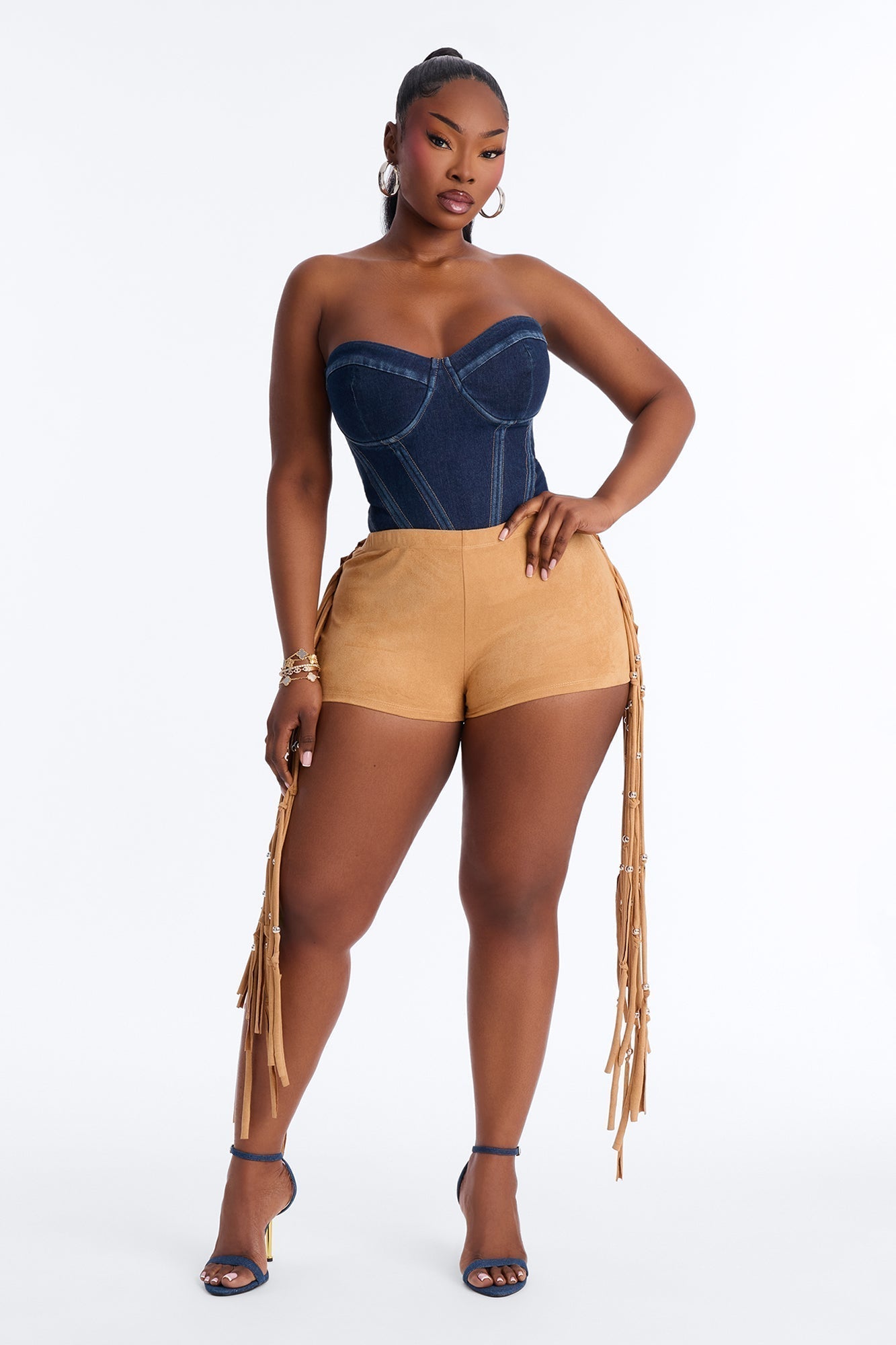 Indio Nights Beaded Fringe Trim Micro Short - Camel