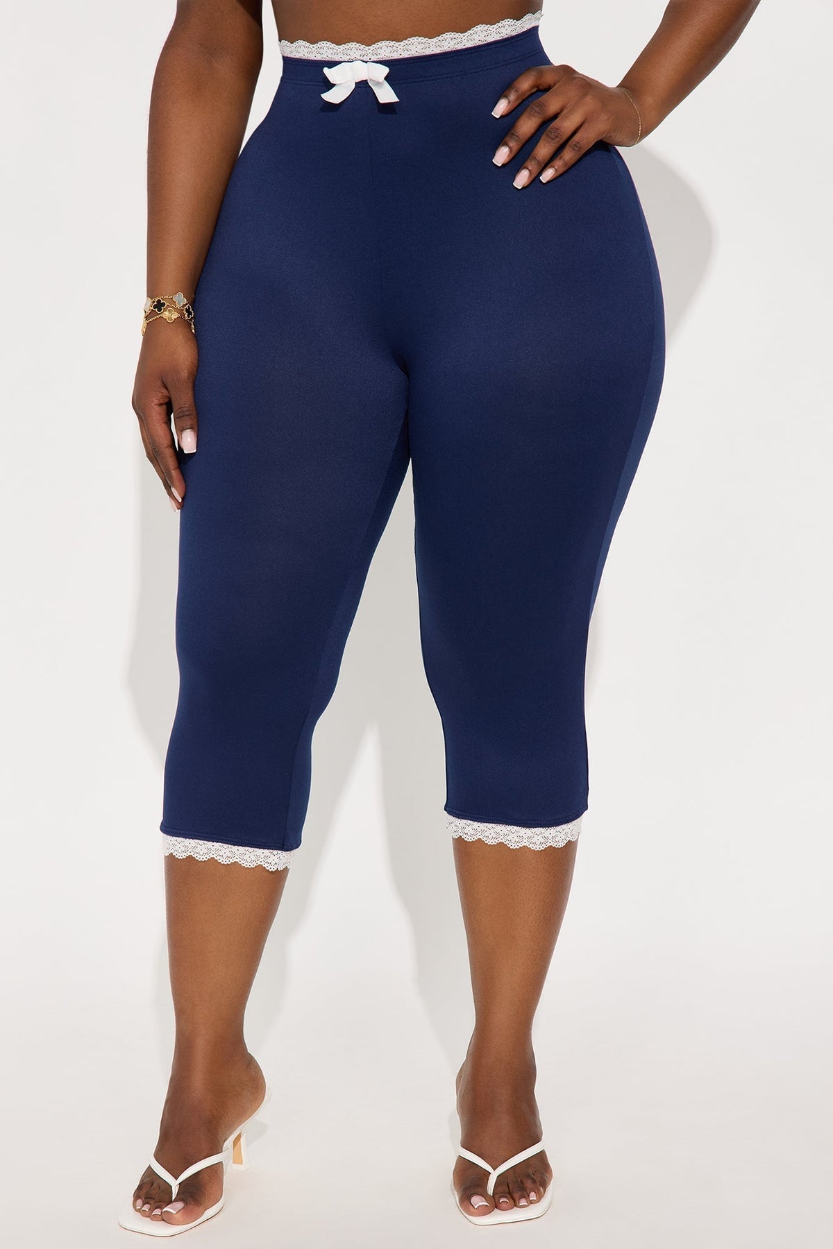 Valentina Solid Lace Trim Capri Legging - Navy