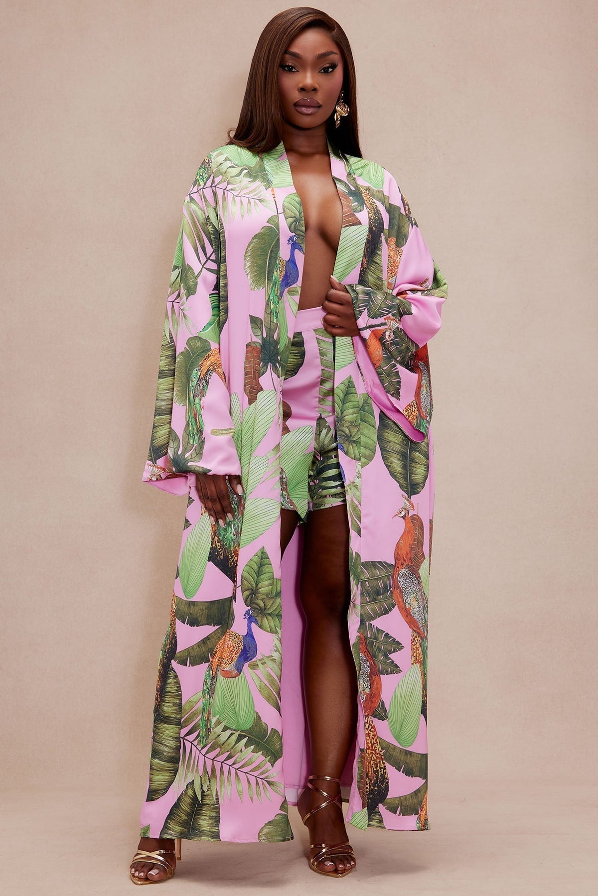 Private Island Satin Kimono - Pink/combo