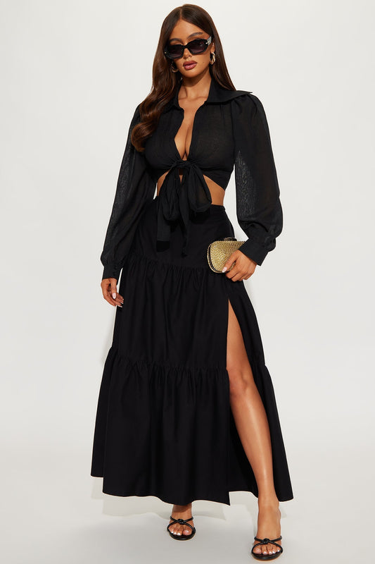 Zoey Poplin Tiered Maxi Skirt - Black