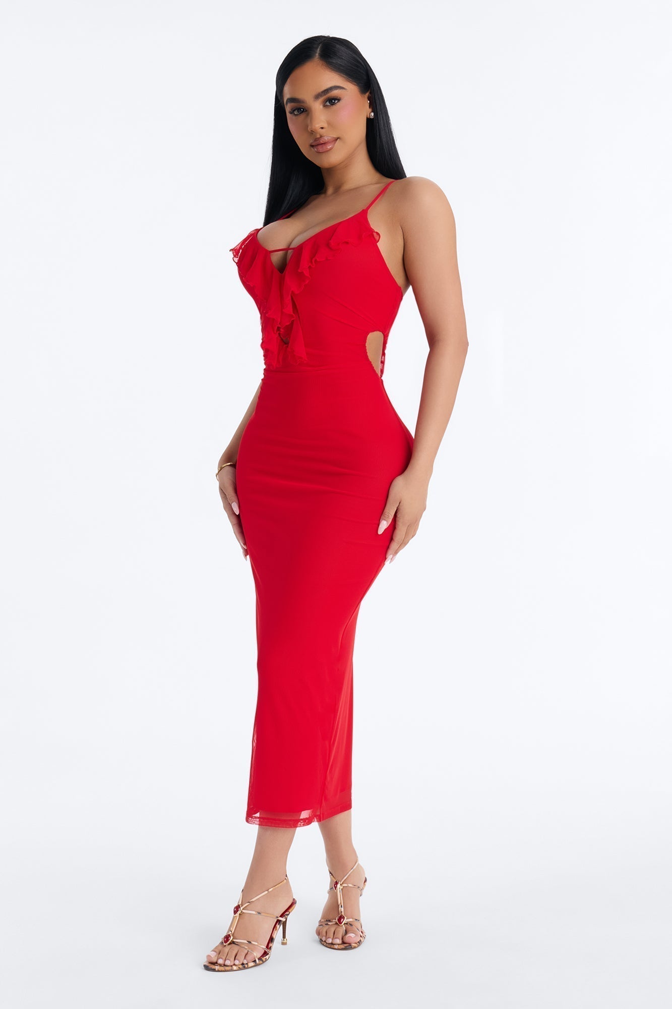 Aila Ruffle Mesh Midi Dress - Red