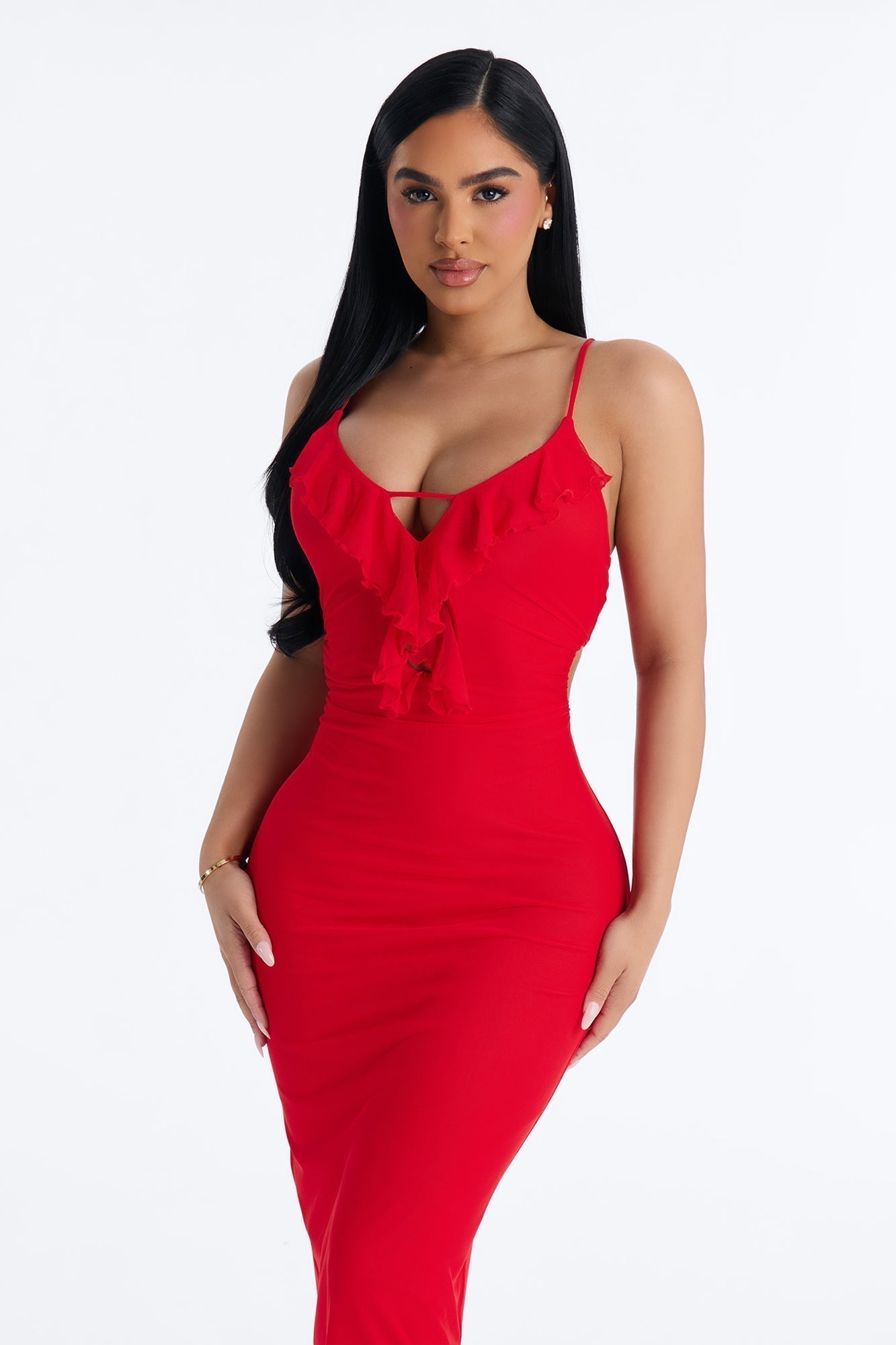 Aila Ruffle Mesh Midi Dress - Red