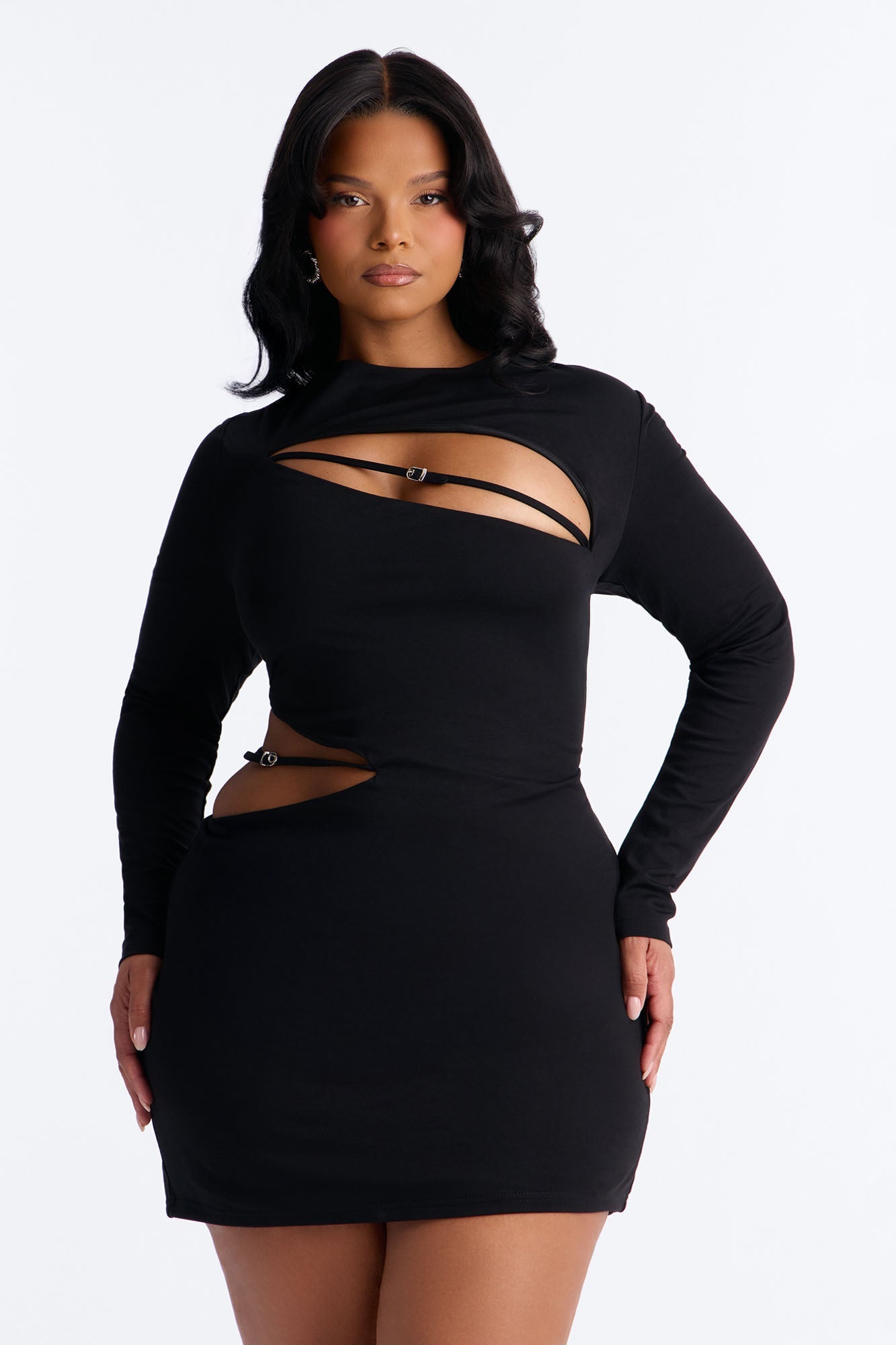 Rebel Ponte Long Sleeve Mini Dress - Black