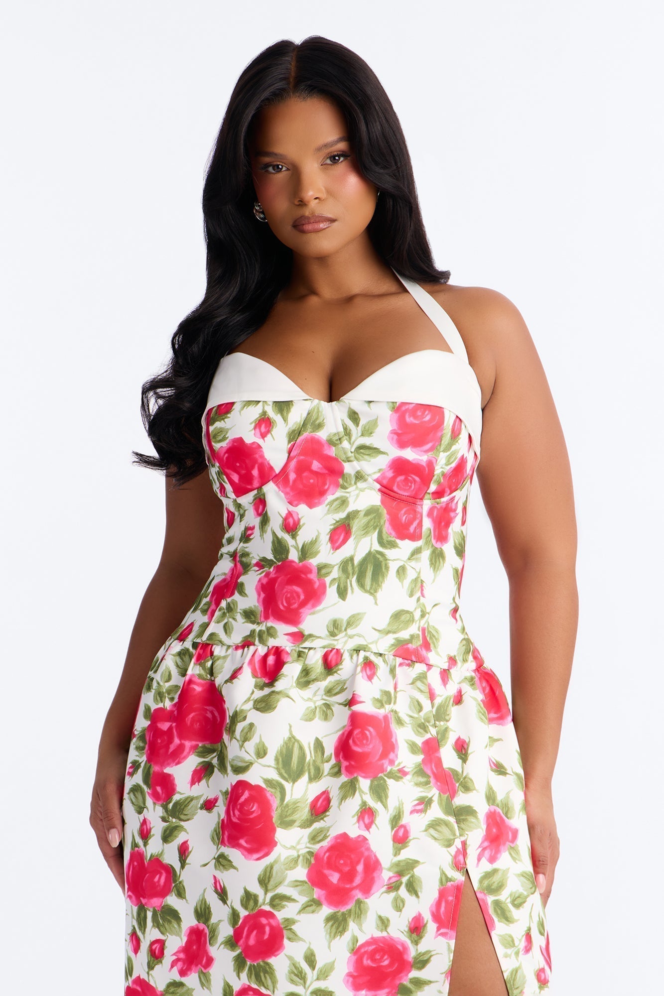 Sweetheart Floral Satin High Slit Maxi Dress - Pink/combo