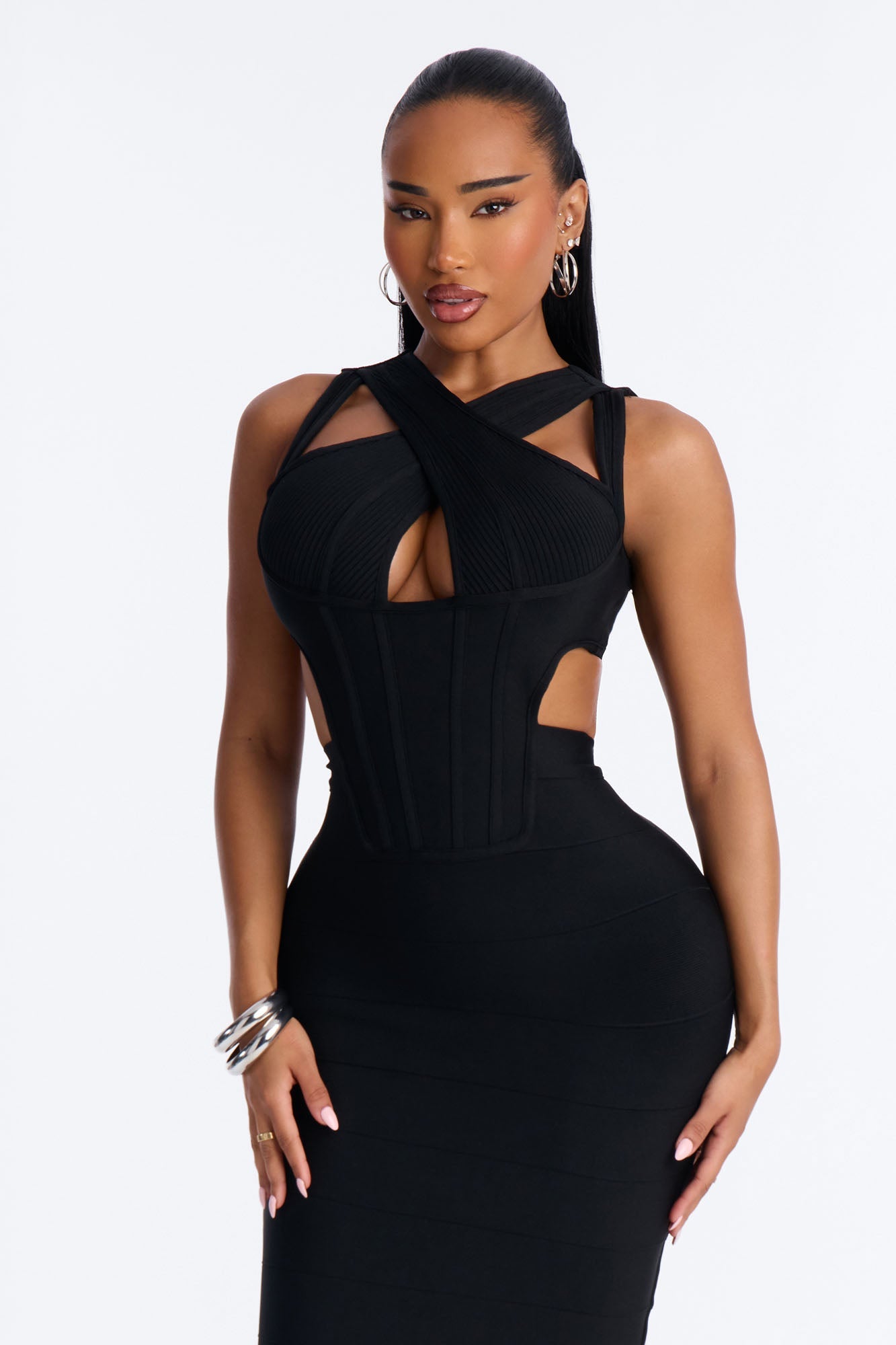Center Of Attention Cut Out Bandage Midi Dress - Black
