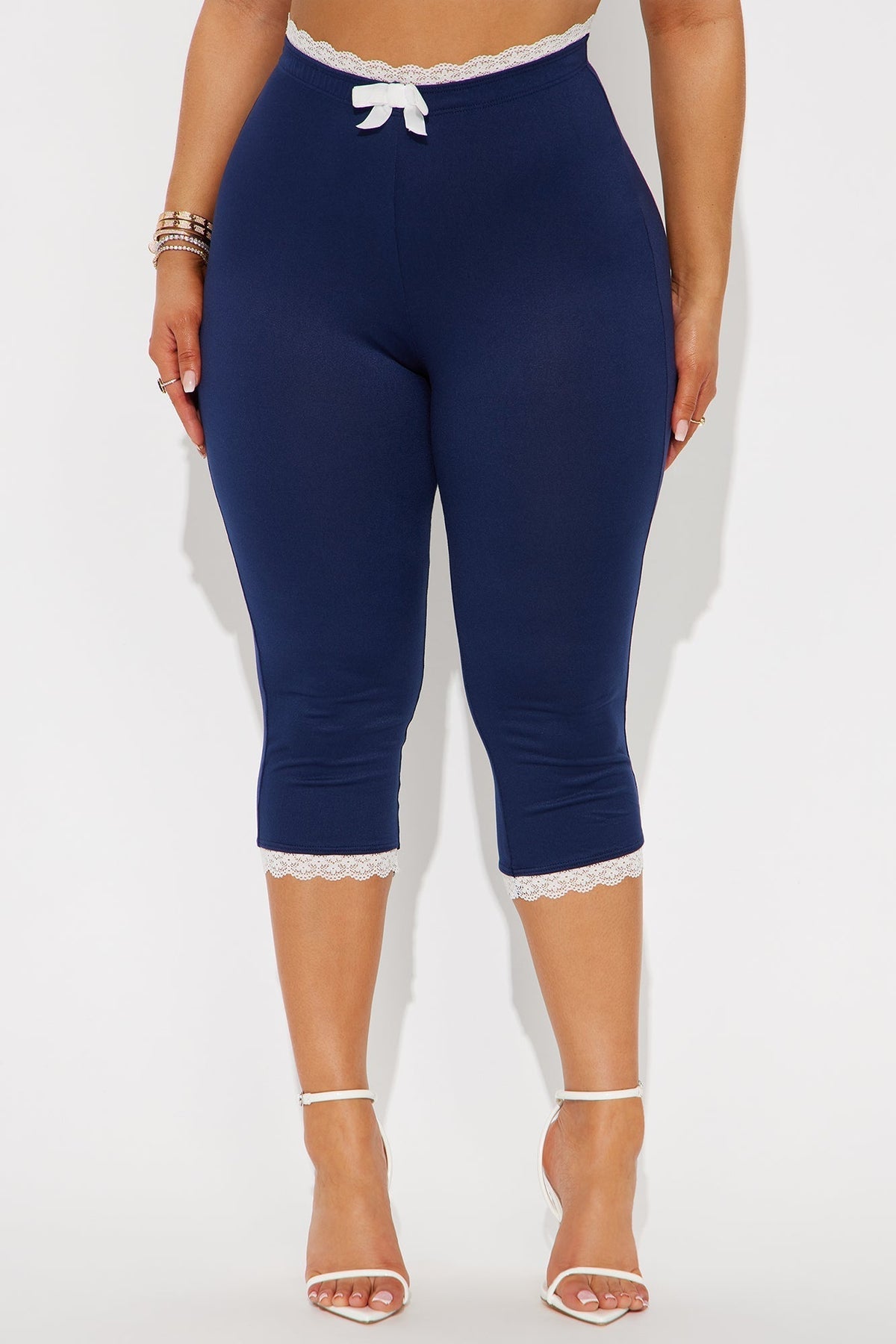 Valentina Solid Lace Trim Capri Legging - Navy