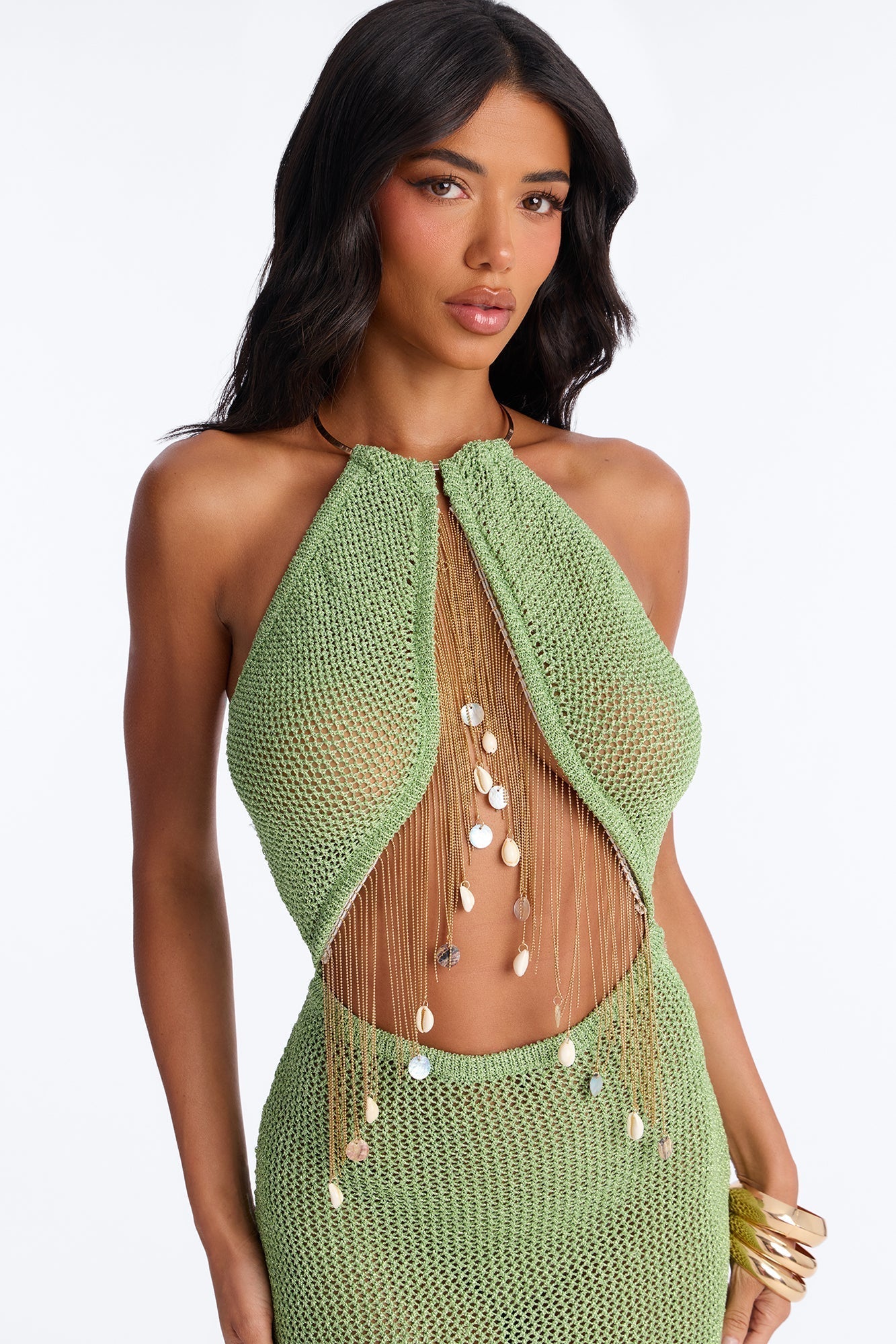 Island Heat Fringe Metallic Crochet Maxi Dress - Green