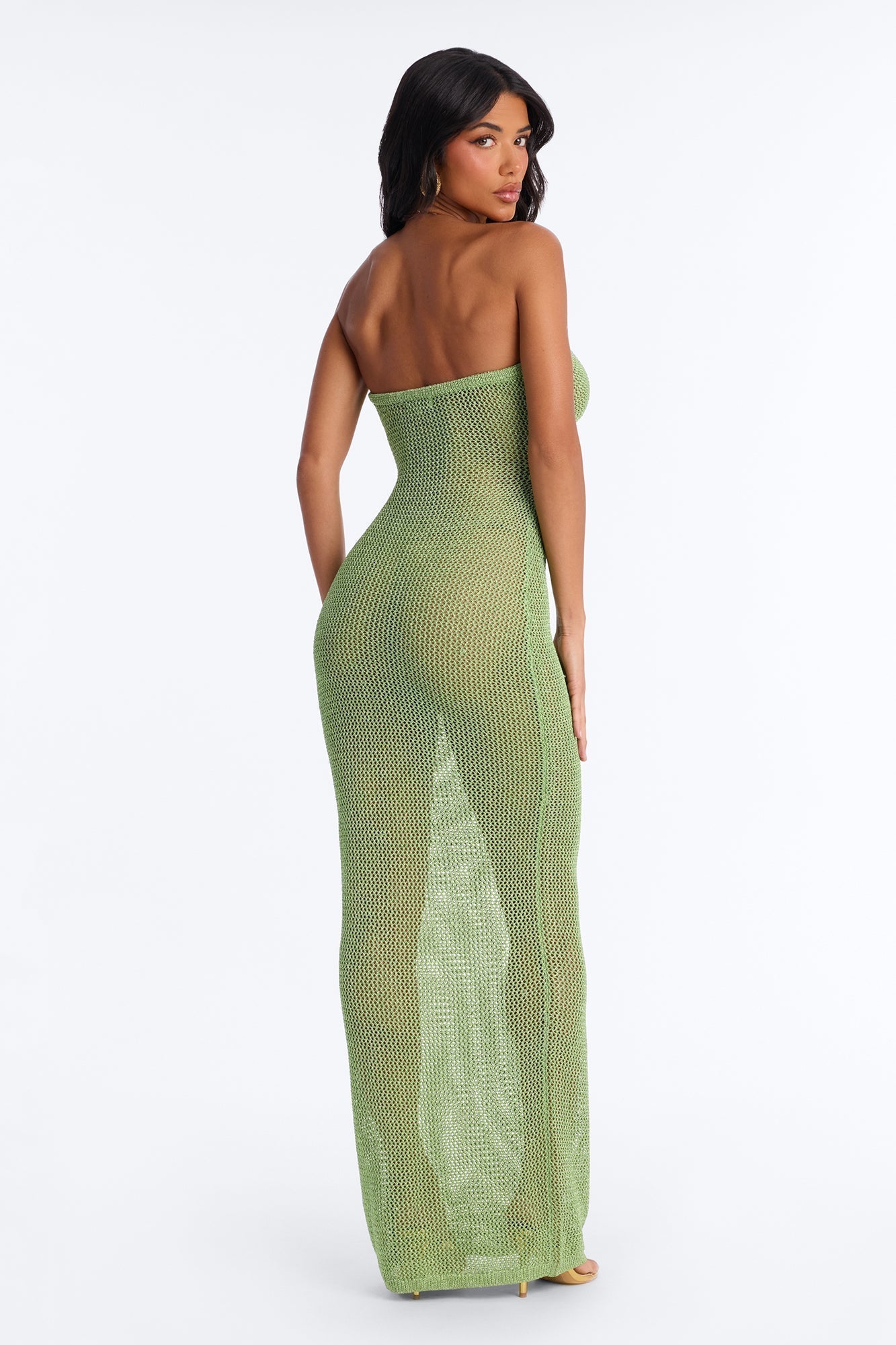 Island Heat Fringe Metallic Crochet Maxi Dress - Green