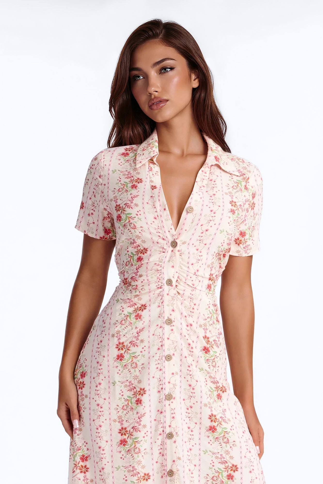 Selene Ruched Floral Midi Shirt Dress - Pink/combo