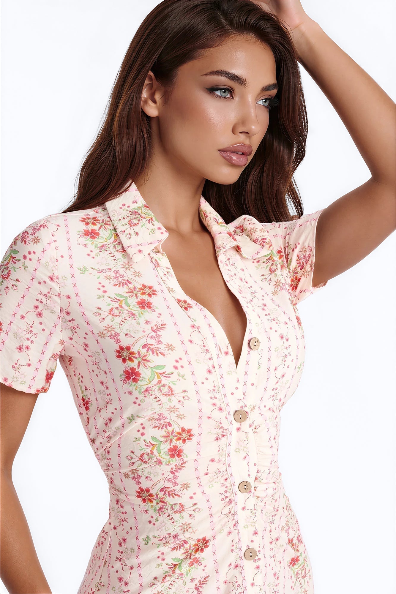 Selene Ruched Floral Midi Shirt Dress - Pink/combo