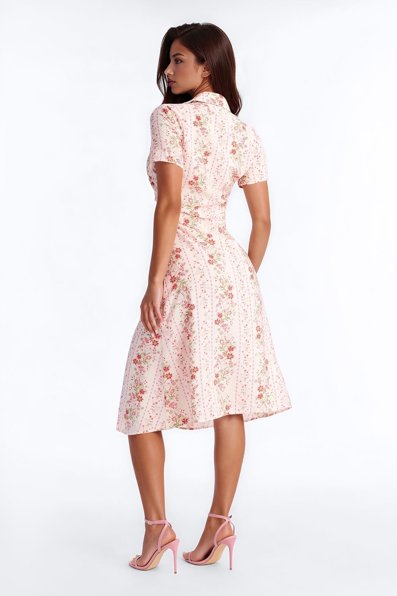 Selene Ruched Floral Midi Shirt Dress - Pink/combo