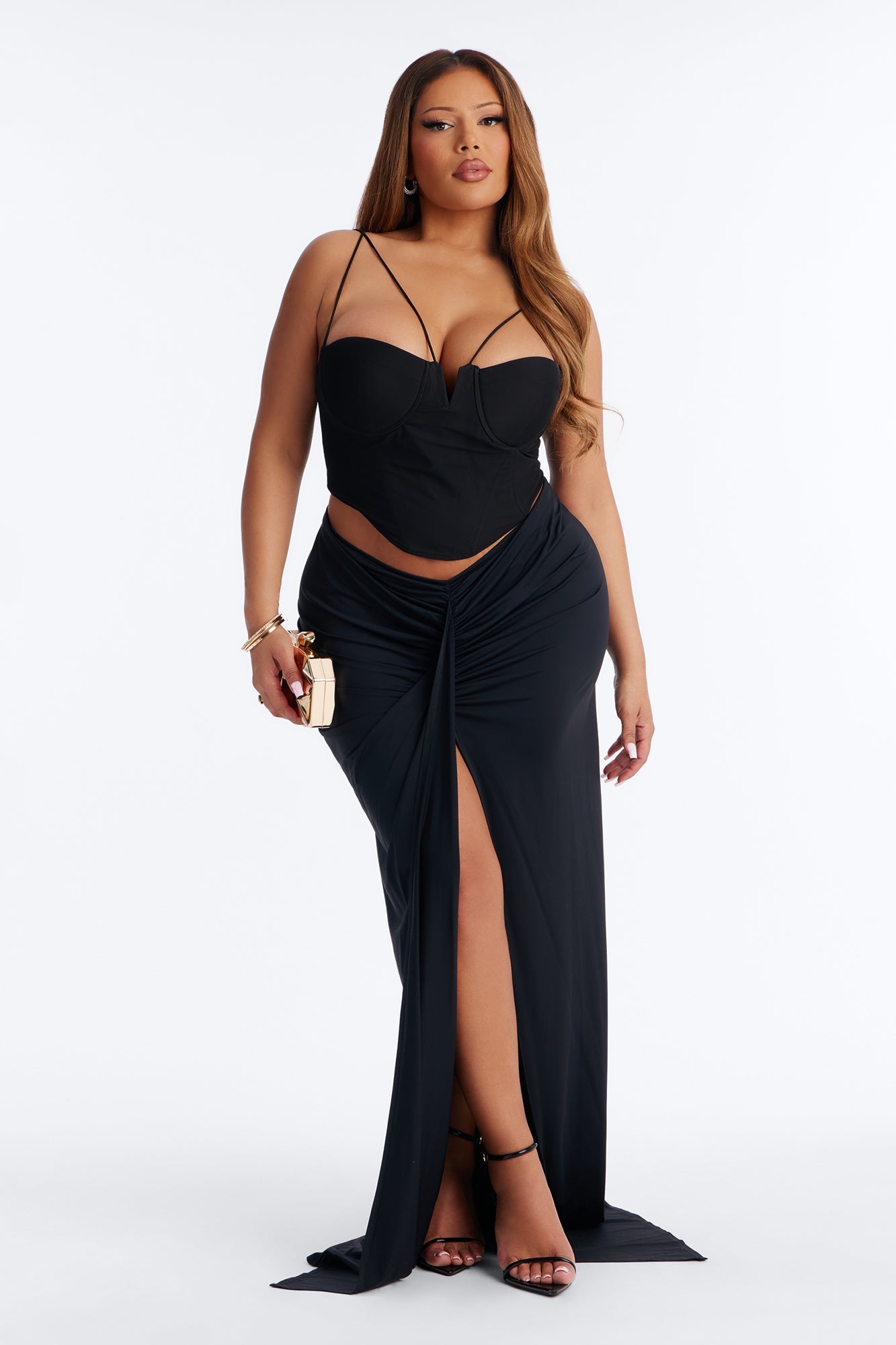 Sarabella Ruched High Slit Maxi Skirt - Black