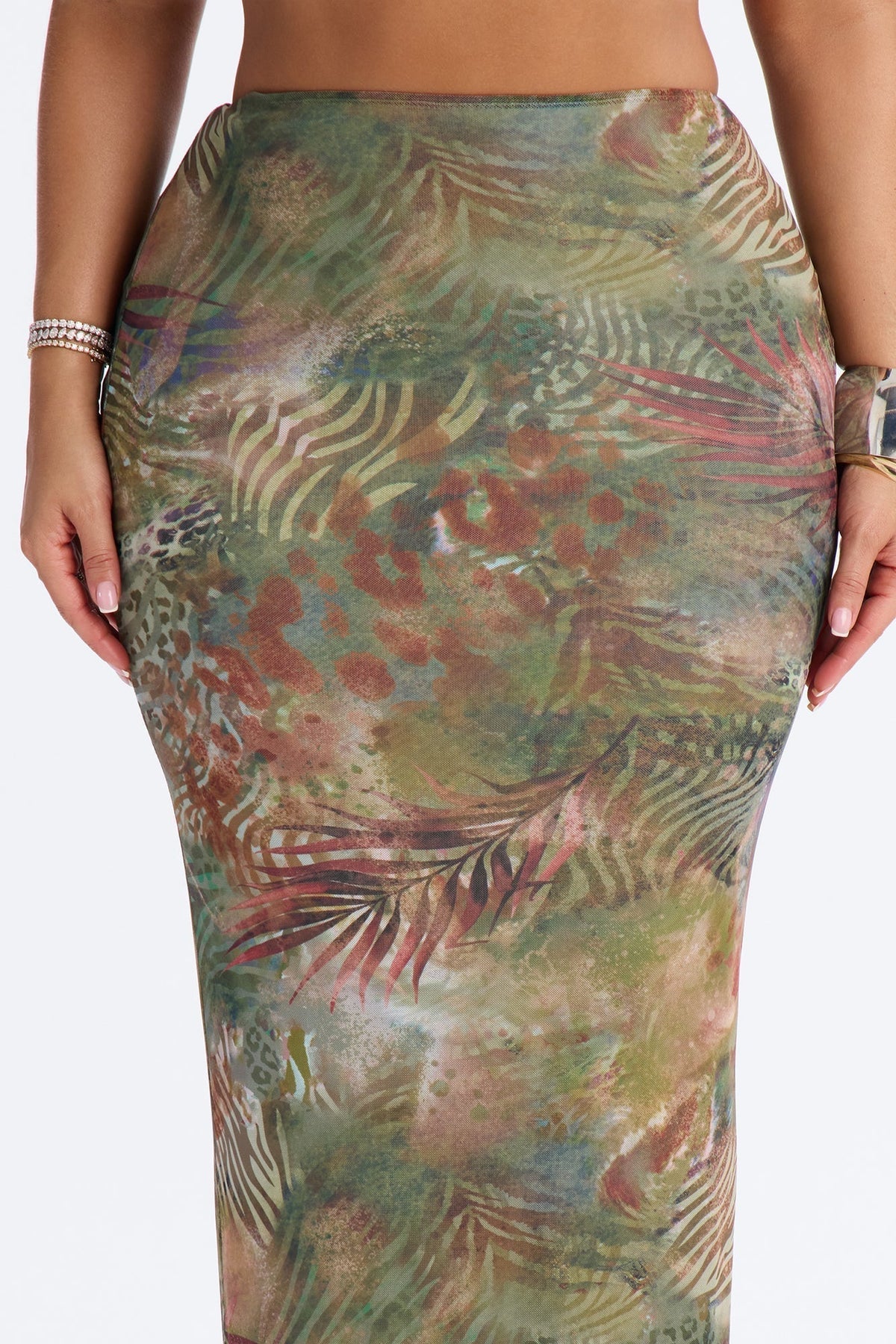 Tropical Bloom Mesh Maxi Skirt - Green/combo