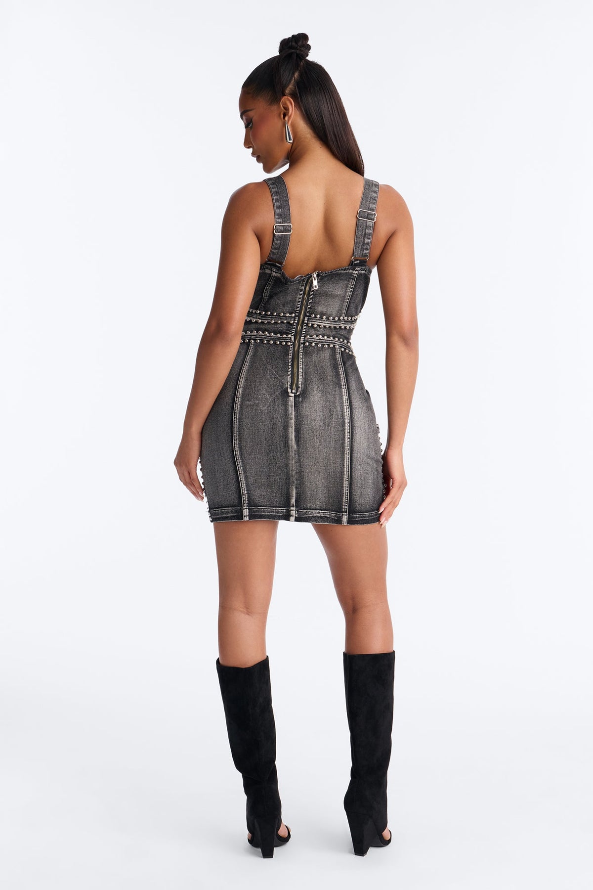 Kassidy Studded Stretch Denim Micro Mini Dress - Black Wash