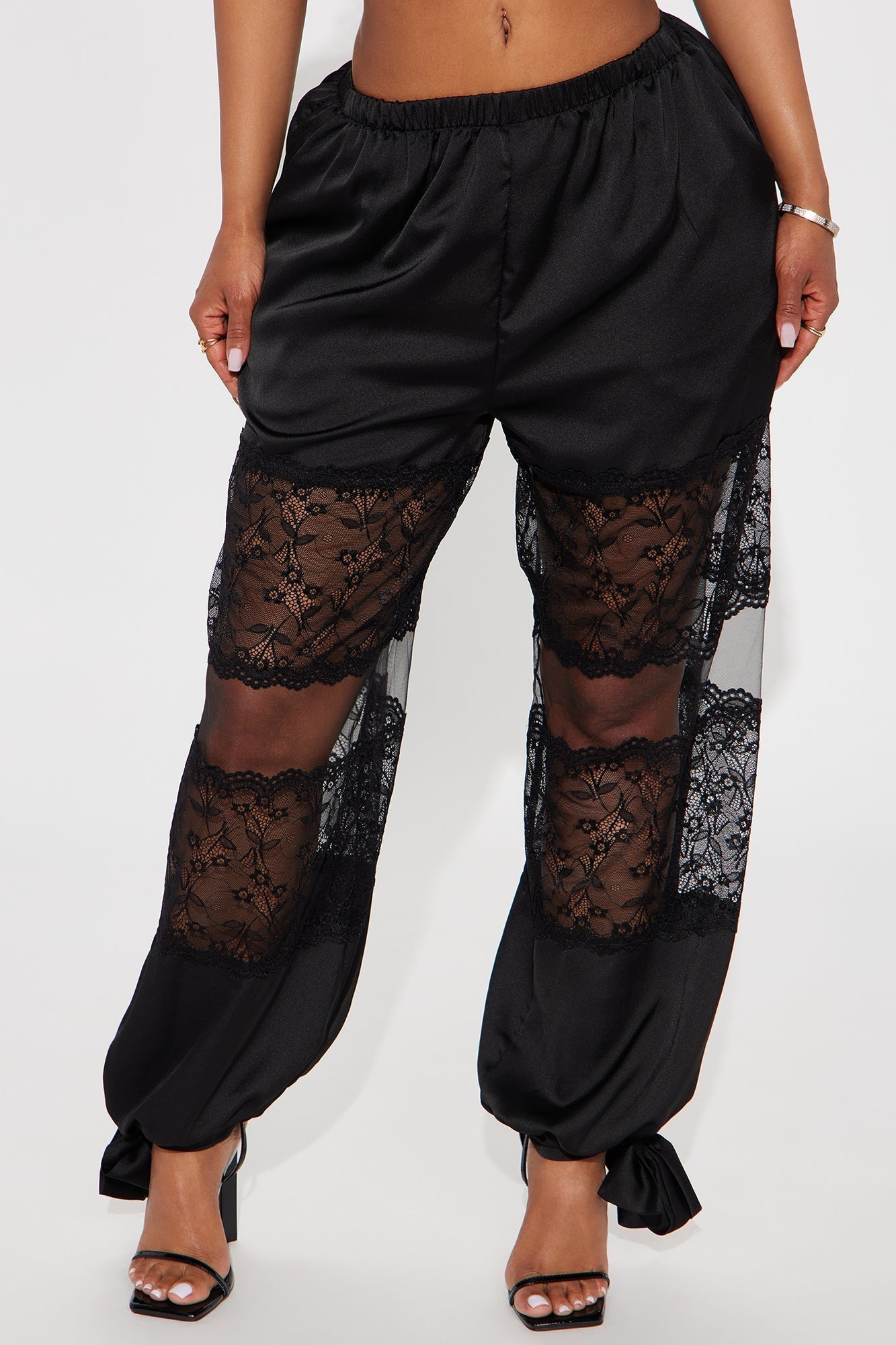 Melissa Satin Brunch Lace Trim Jogger Pant - Black