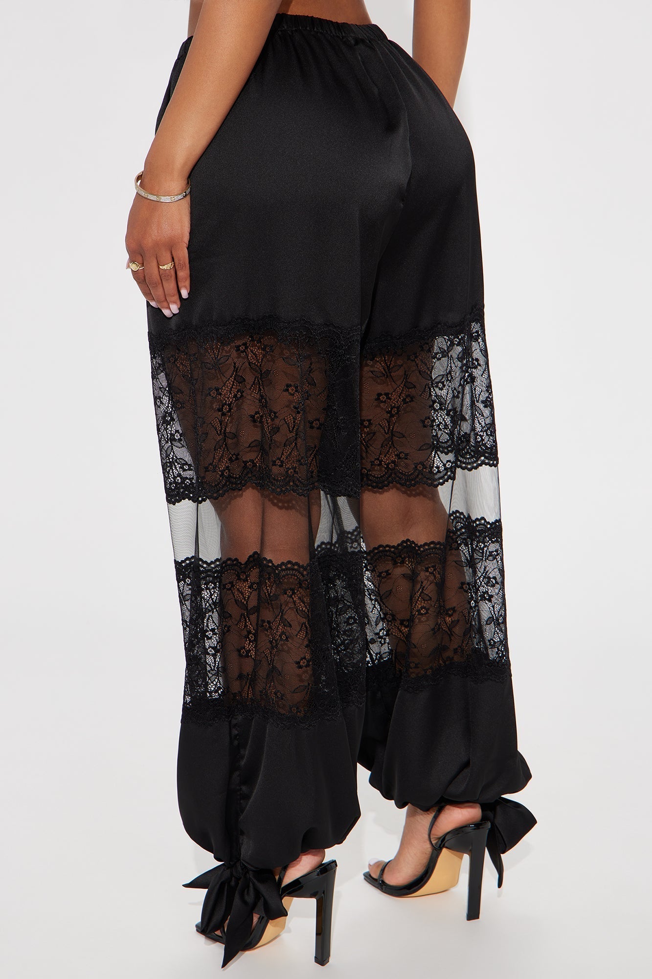 Melissa Satin Brunch Lace Trim Jogger Pant - Black