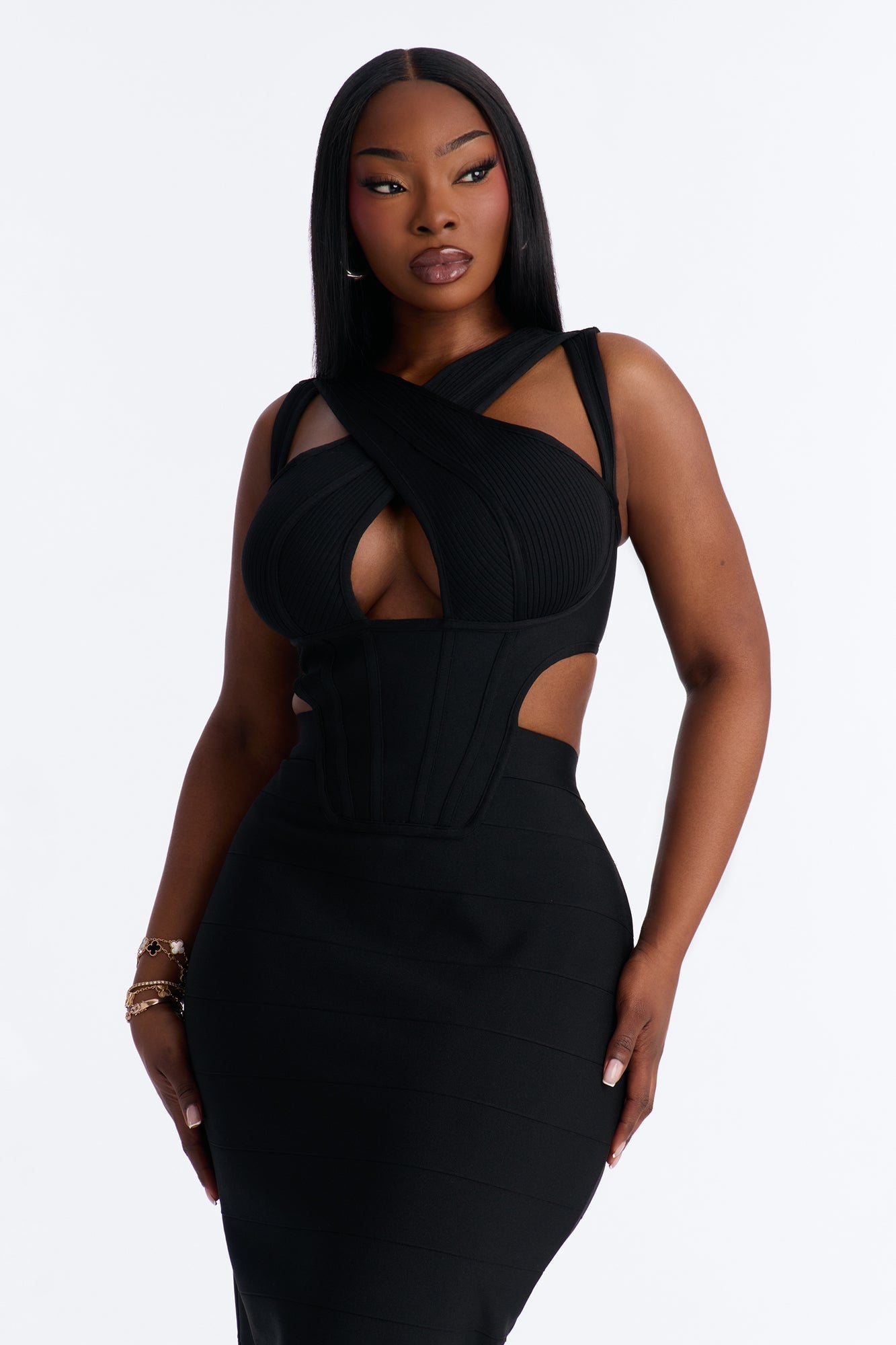 Center Of Attention Cut Out Bandage Midi Dress - Black
