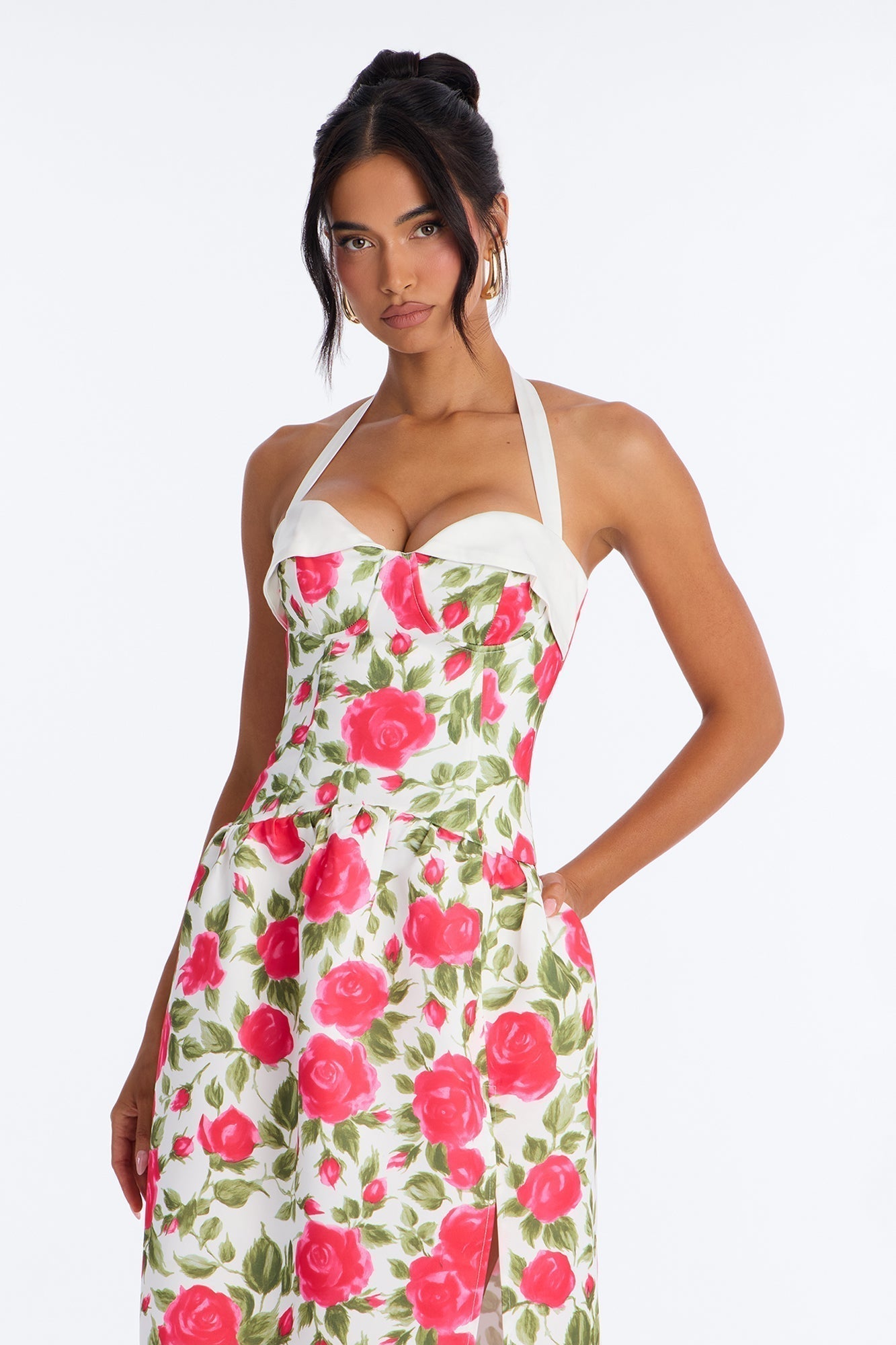 Sweetheart Floral Satin High Slit Maxi Dress - Pink/combo