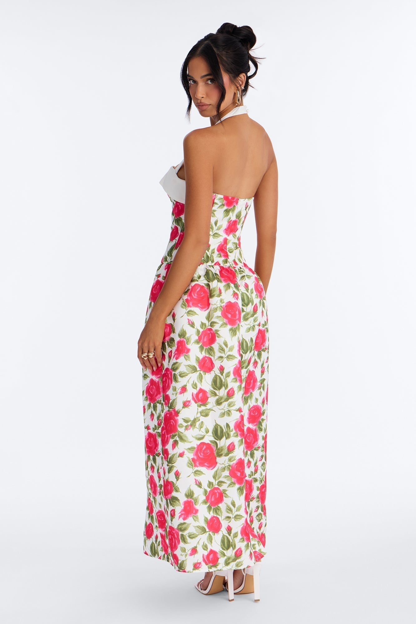 Sweetheart Floral Satin High Slit Maxi Dress - Pink/combo