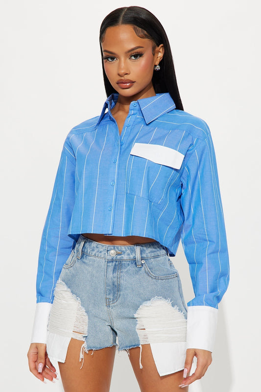 Nadia Striped Linen Button Up Shirt - Blue/combo
