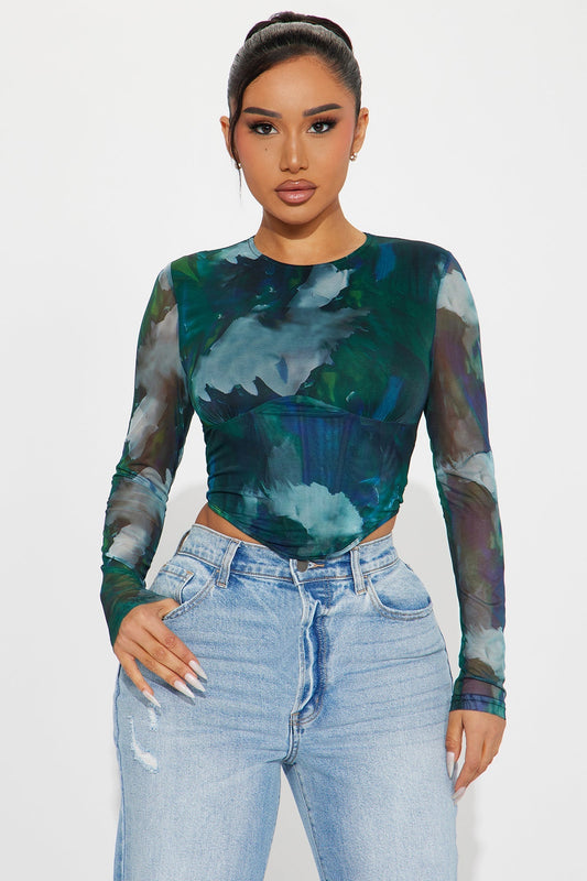 Natural Beauty Mesh Corset Top - Olive/combo