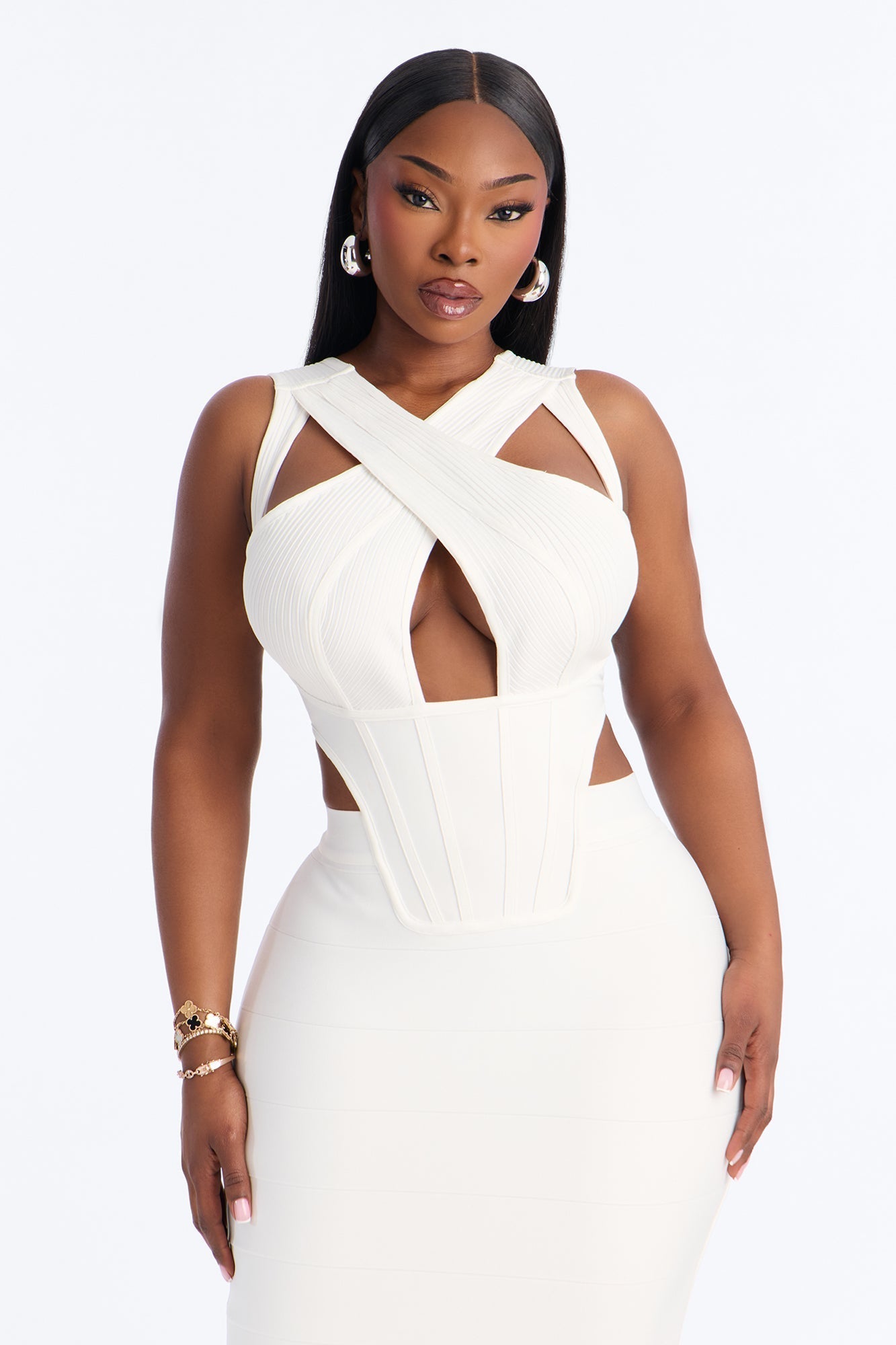 Center Of Attention Cut Out Bandage Midi Dress - White