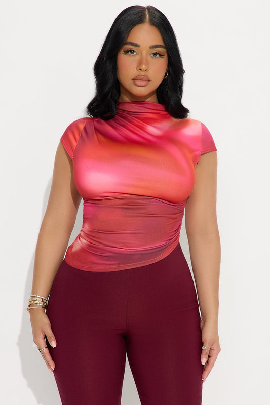 Ines Abstract Asymmetrical Ruched High Neck Top - Red/combo