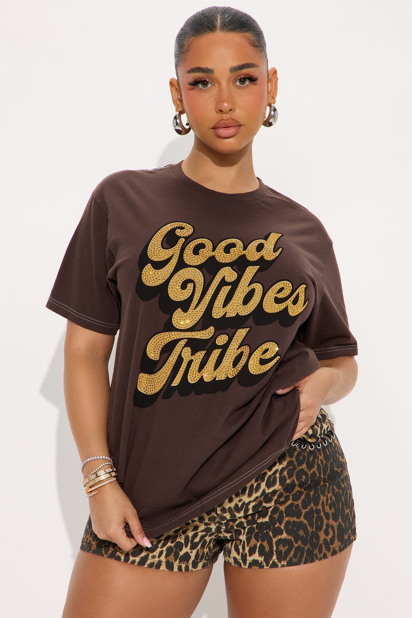 Good Vibes Tribe Rhinestone Tshirt - Brown