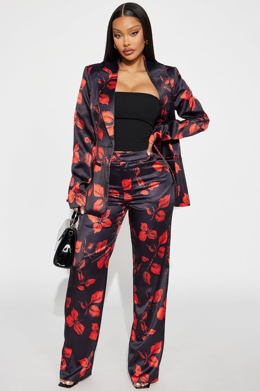 Wild Flower Satin Trouser Pant - Black/combo