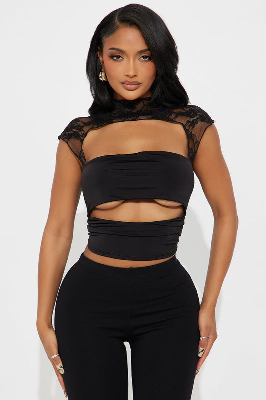 Irresistibly Captivating Mock Neck Cut Out Top - Black