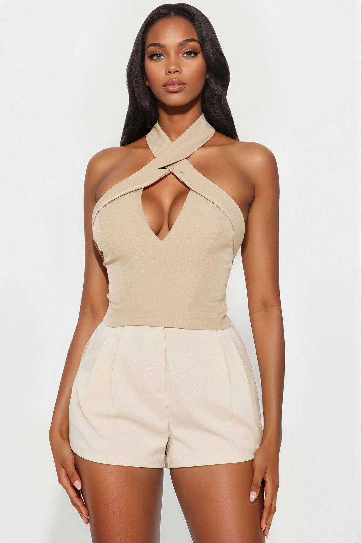 Shannon Crossed Halter Top - Taupe