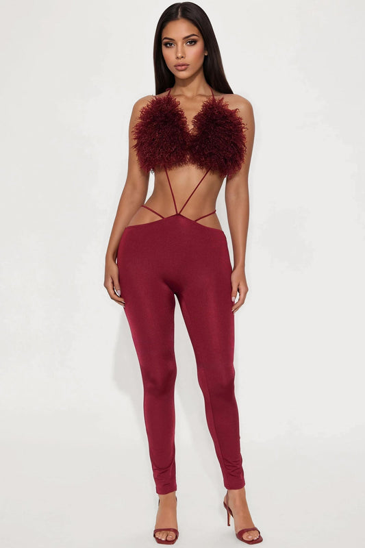 Fur Fantasy Jumpsuit - Burgundy