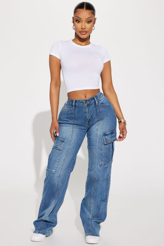 Say It Now Stretch Straight Leg Cargo Jeans - Dark Wash