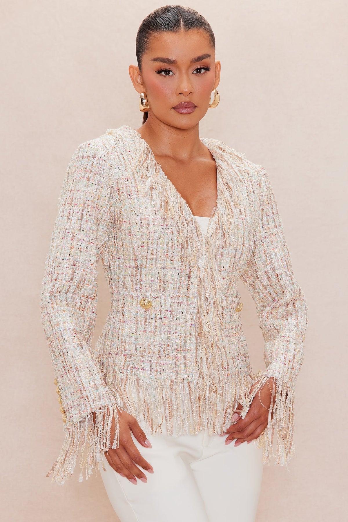 Fatima Fringe Tweed Blazer - Natural/Combo