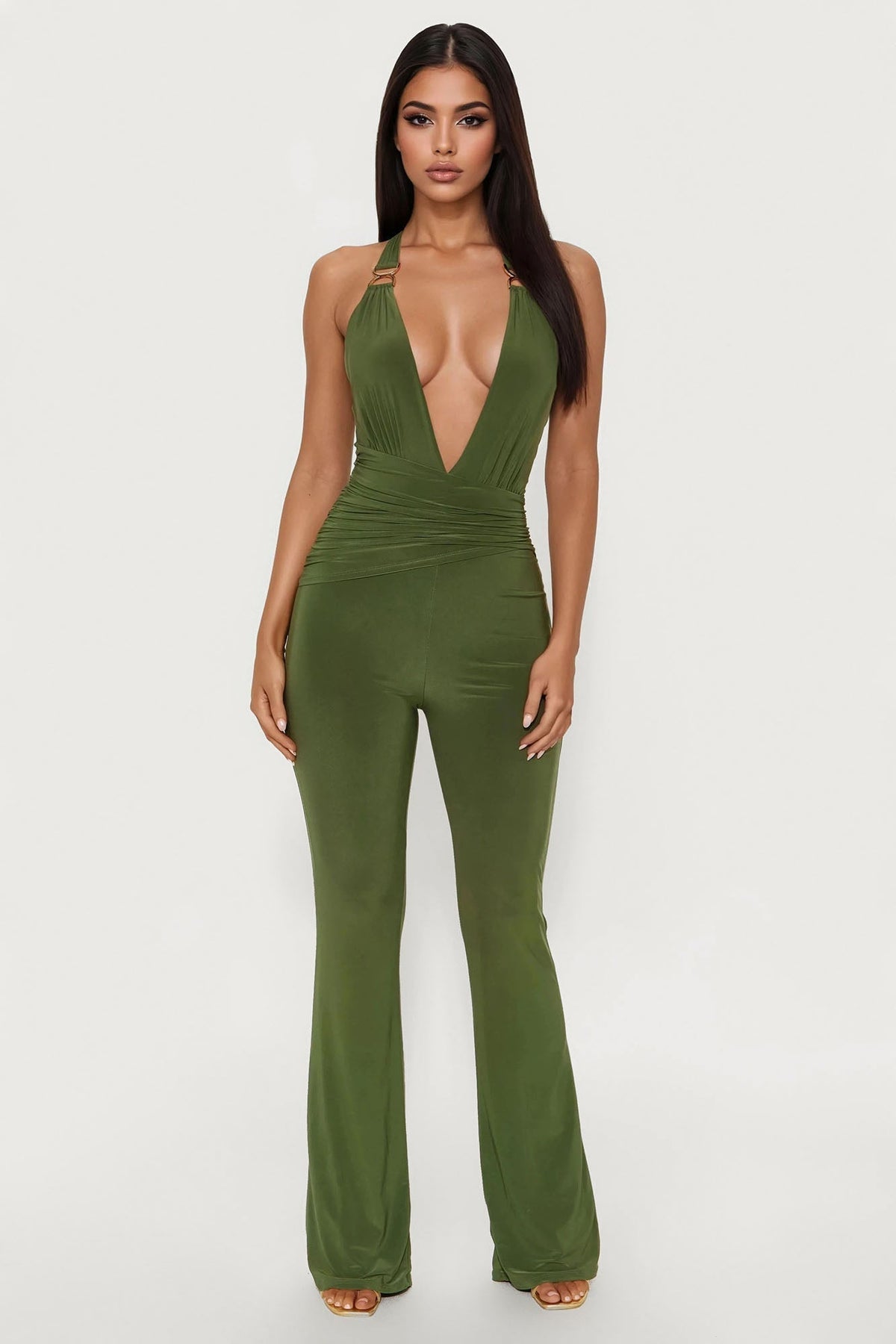 Kiara Ruched Halter Jumpsuit - Olive